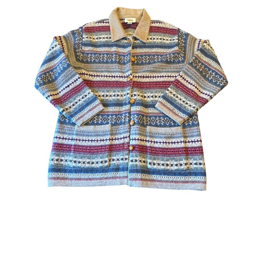Vintage 80s Talbots‎ Wool Western Aztec Sweater Corduroy Collared Size Medium
